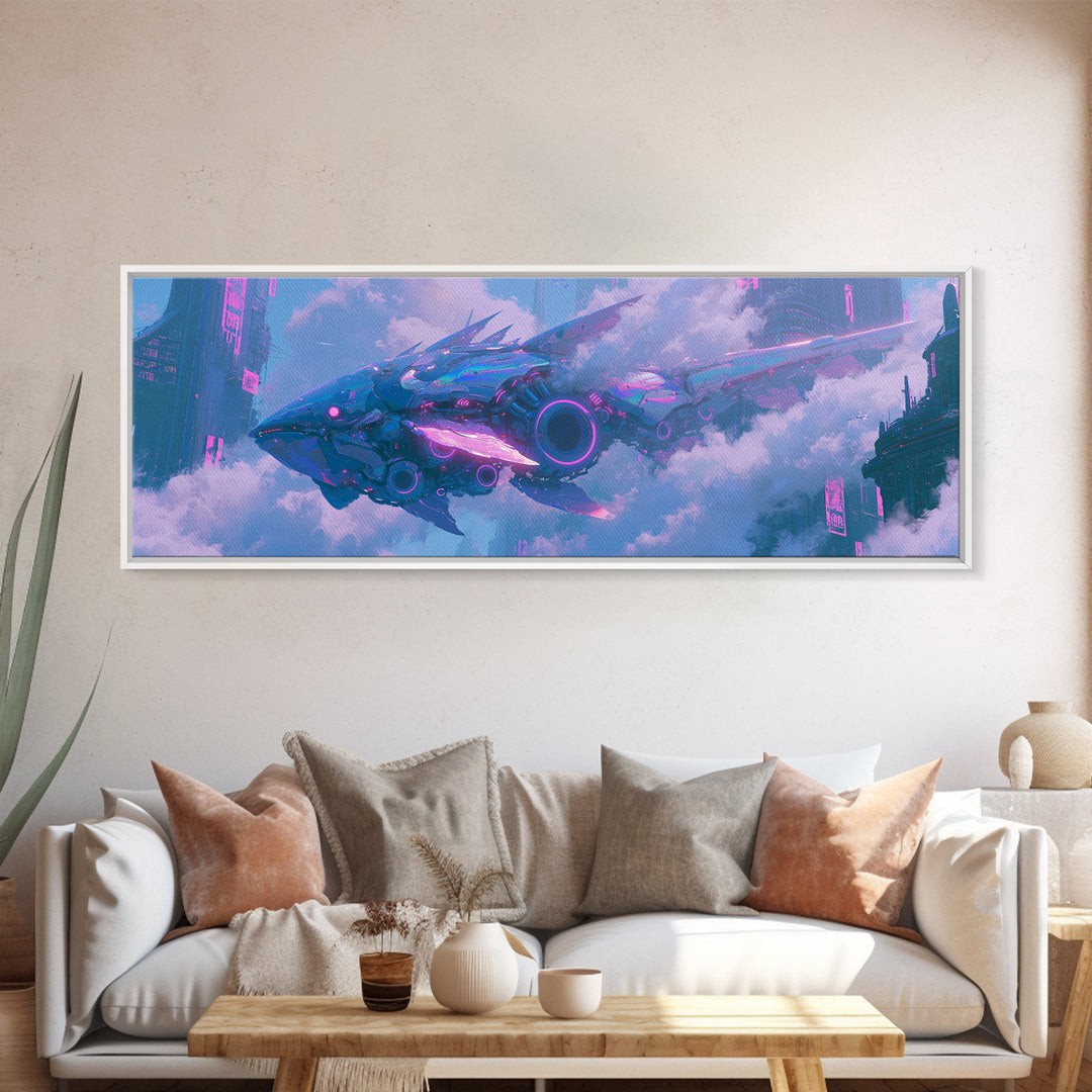 Mechanical Fish Swimming Through Clouds Canvas Print, Steampunk Art, Modern Decor, Living Room Decor, Fine Art, Mechanic, STE-3x1-14