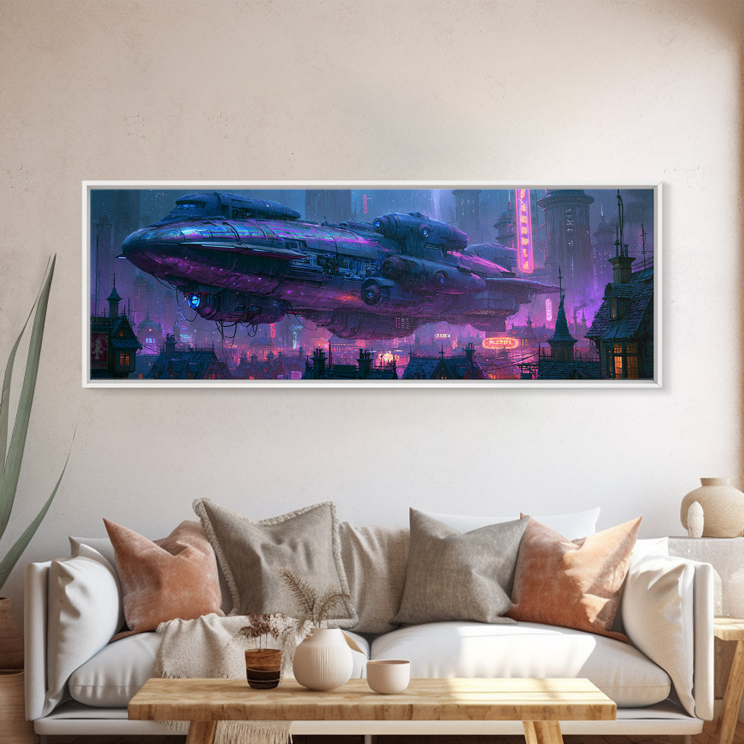 Airship Floating Above Victorian City Roofs Framed Canvas Print, Steampunk Art, Digital Print, Living Room Decor, Mechanic, STE-3x1-18