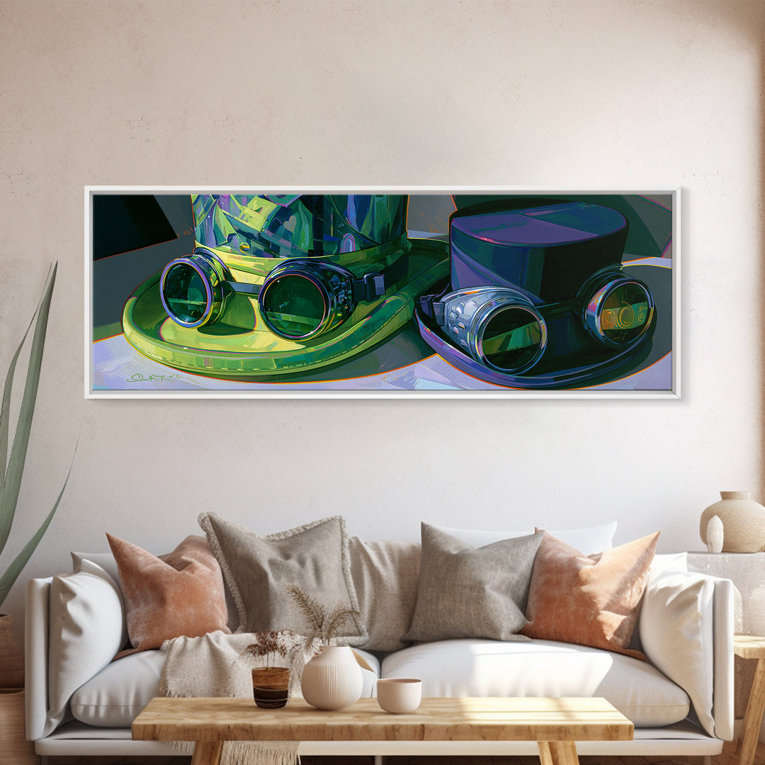 Top Hat and Goggles Still Life Canvas Print, Steampunk Art, Steampunk Decor, Living Room Decor, Fine Art, Mechanic, STE-3x1-20