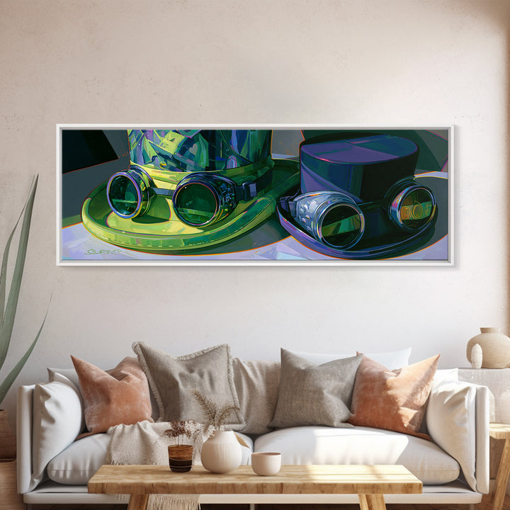 Top Hat and Goggles Still Life Canvas Print, Steampunk Art, Steampunk Decor, Living Room Decor, Fine Art, Mechanic, STE-3x1-20