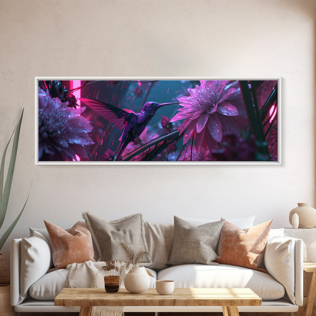 Mechanical Hummingbird Hovering Near Flower Canvas Print, Steampunk Art, Steampunk Lamp, Living Room Decor, Fine Art, Mechanic, STE-3x1-25