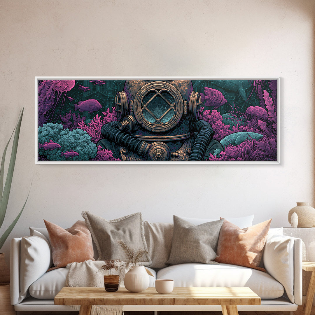 Brass Diving Helmet Framed Canvas Print, Steampunk Art, Dark Art, Living Room Decor, Oil Painting, Mechanic, Minimalist Decor, STE-3x1-28