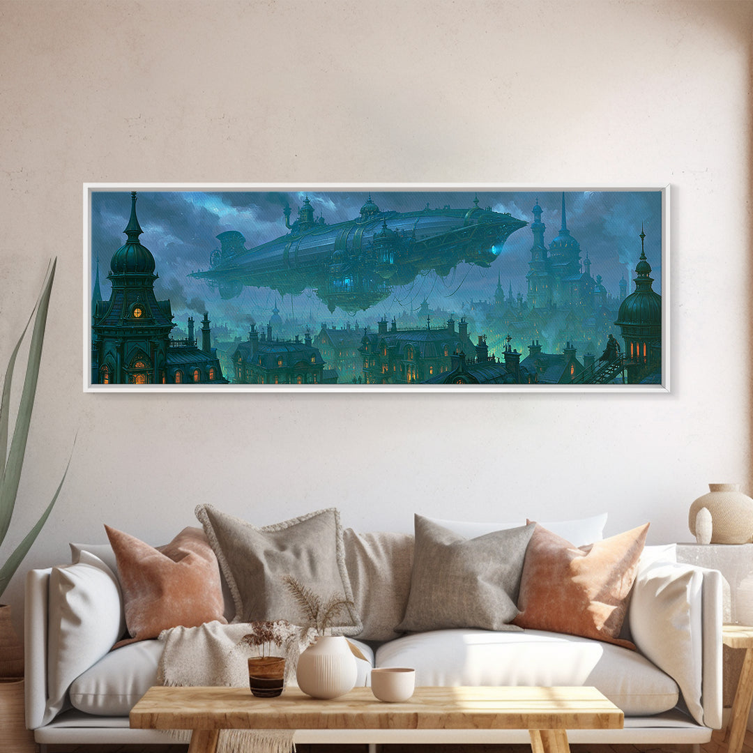 Airship Floating Above Victorian City Roofs Canvas Print, Steampunk Art, Whimsigoth Decor, Living Room Decor, Mechanic, STE-3x1-42