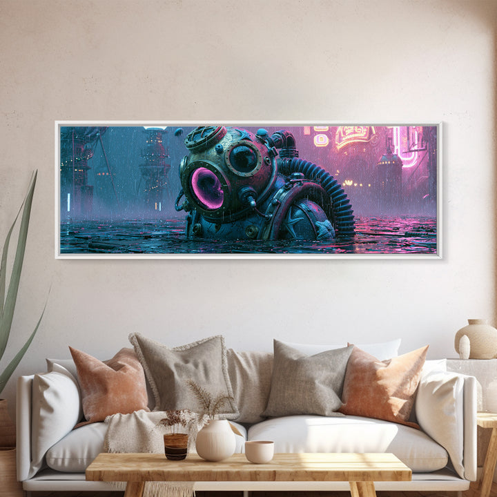 Brass Diving Helmet Framed Canvas Print, Steampunk Art, Living Room Decor, Abstract Art, Mechanic, Art Nouveau, STE-3x1-52