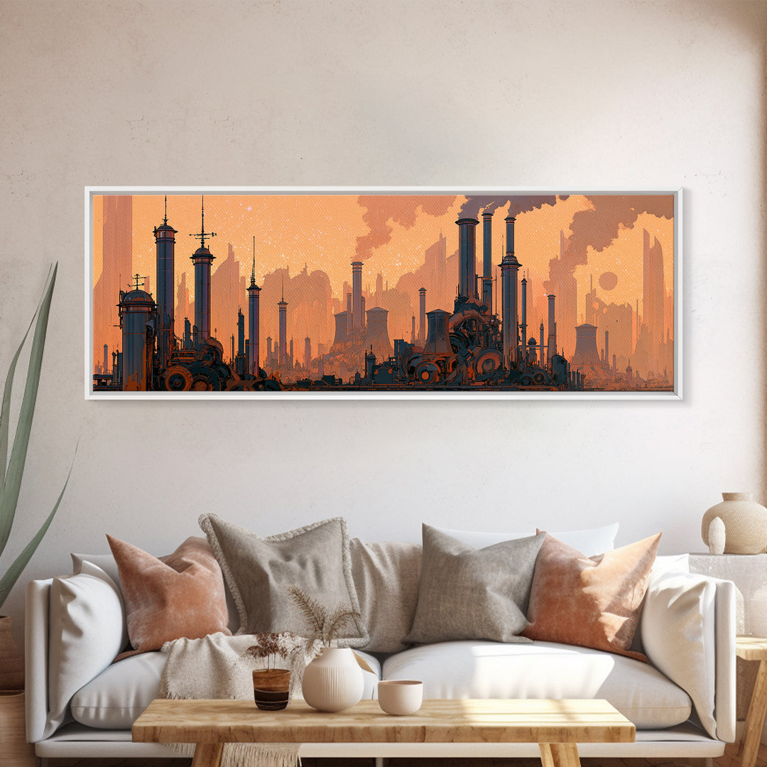 Steam Powered City Skyline Canvas Print, Steampunk Art, Dark Art, Living Room Decor, Abstract Art, Mechanic, Minimalist Decor, STE-3x1-61