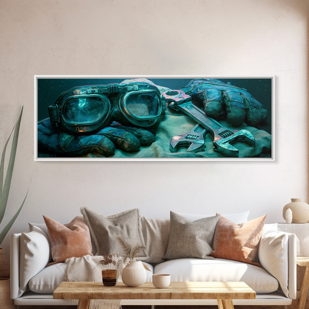 Goggles Gloves and Wrench Still Life Framed Canvas Print, Steampunk Art, Contemporary Art, Living Room Decor, Mechanic, STE-3x1-63