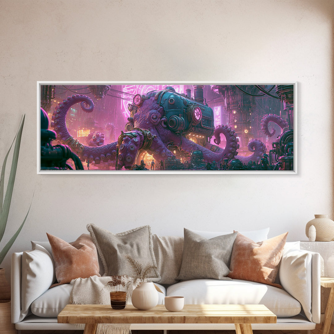 Steampunk Octopus with Brass Tentacles Framed Canvas Print, Steampunk Art, Gallery Decor, Living Room Decor, Fine Art, Mechanic, STE-3x1-69