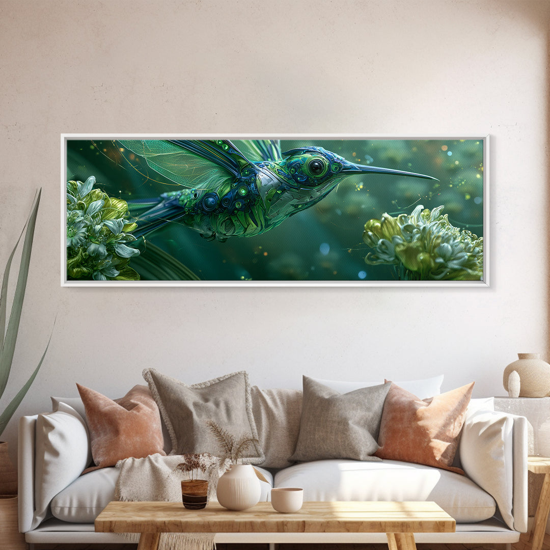 Mechanical Hummingbird Hovering Near Flower Framed Canvas Print, Steampunk Art, Neutral Decor, Living Room Decor, Oil Painting, STE-3x1-73