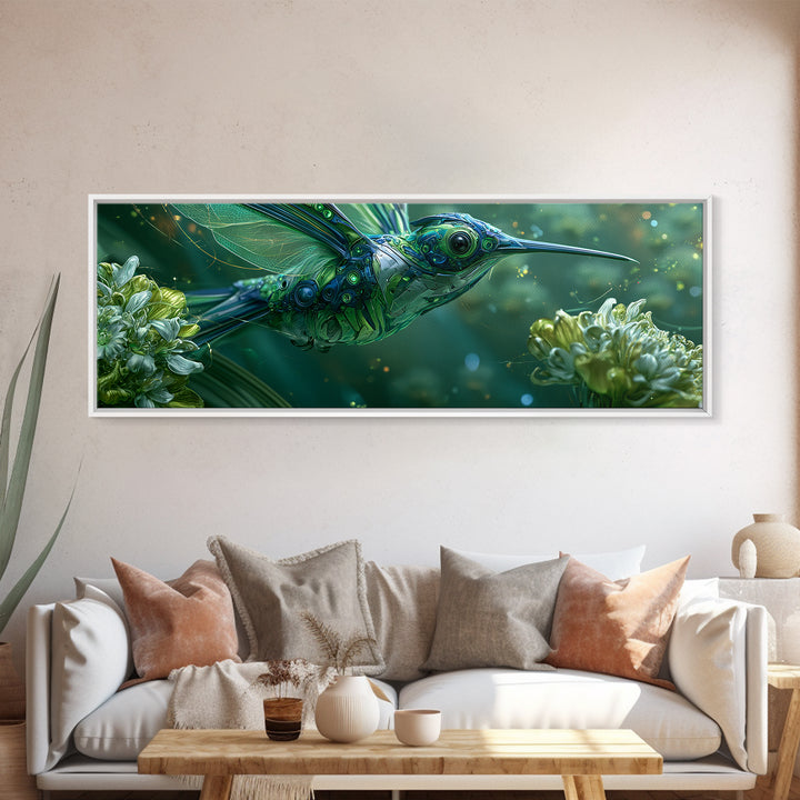 Mechanical Hummingbird Hovering Near Flower Framed Canvas Print, Steampunk Art, Neutral Decor, Living Room Decor, Oil Painting, STE-3x1-73
