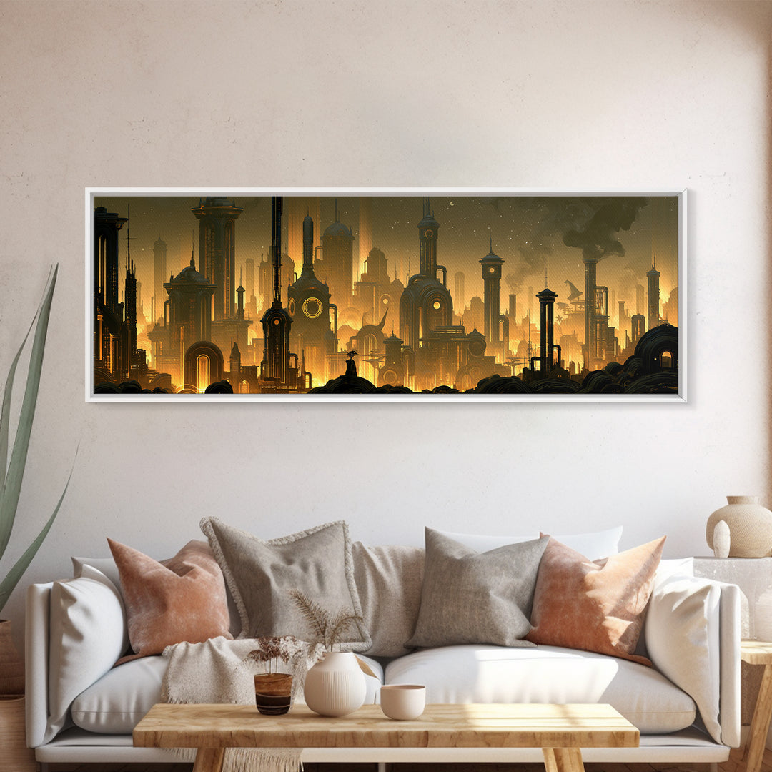 Steam Powered City Skyline Canvas Print, Steampunk Art, Dark Art, Living Room Decor, Abstract Art, Mechanic, Minimalist Decor, STE-3x1-85