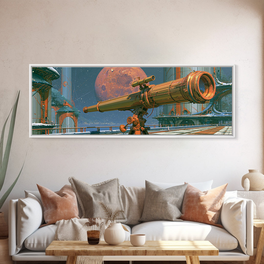 Brass Telescope Aimed at Copper Moon Canvas Print, Steampunk Art, Wall Art, Living Room Decor, Oil Painting, Mechanic, STE-3x1-88