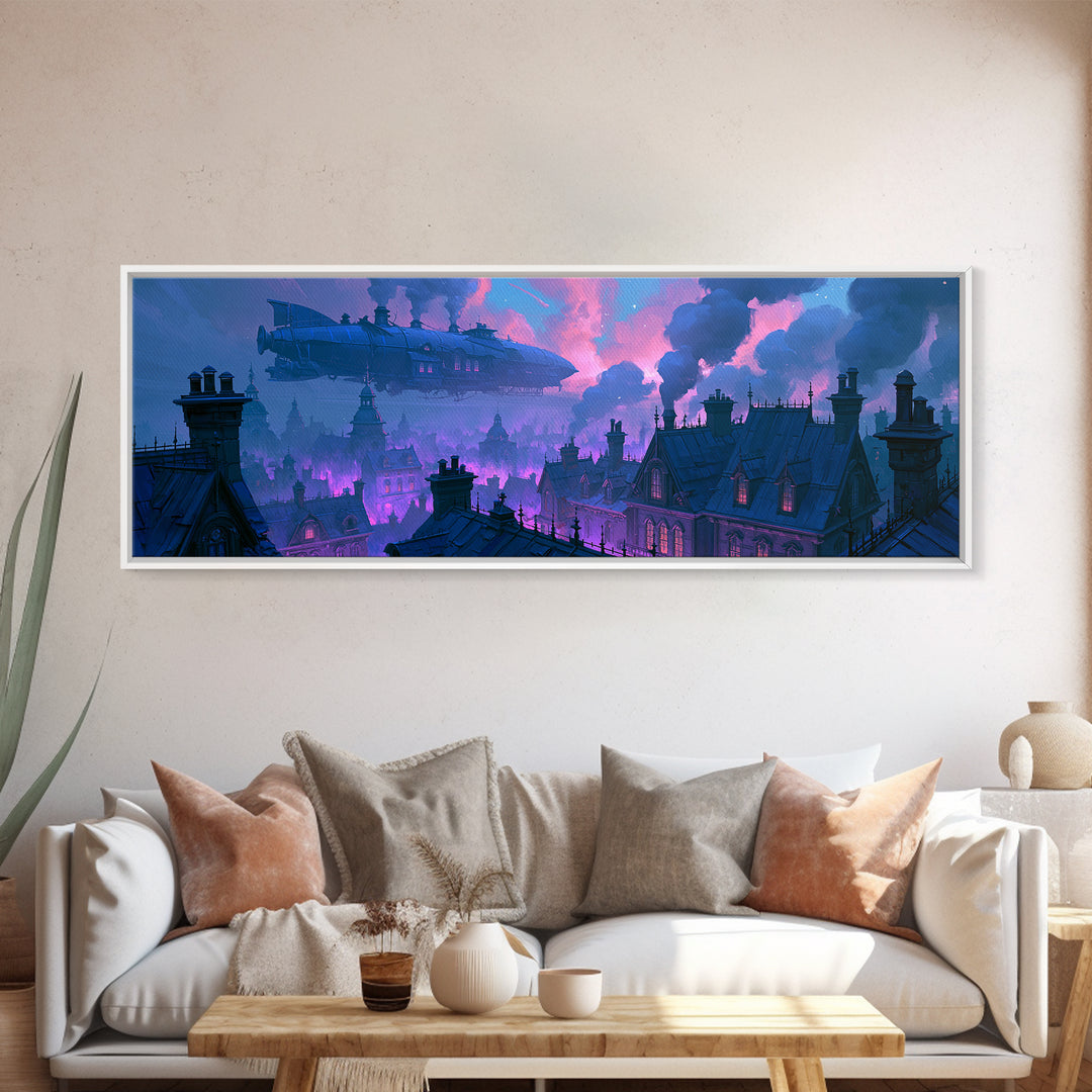 Airship Floating Above Victorian City Roofs Framed Canvas Print, Steampunk Art, Retro Decor, Living Room Decor, Mechanic, STE-3x1-90