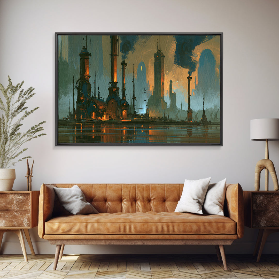 Steam Powered City Skyline Canvas Print, Steampunk Art, Wall Art Living Room, Living Room Decor, Abstract Art, Mechanic, STE-3x2-1