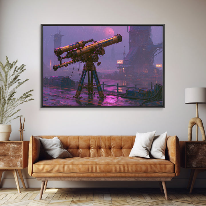 Brass Telescope Aimed at Copper Moon Framed Canvas Print, Steampunk Art, Wall Art, Living Room Decor, Oil Painting, Mechanic, STE-3x2-100