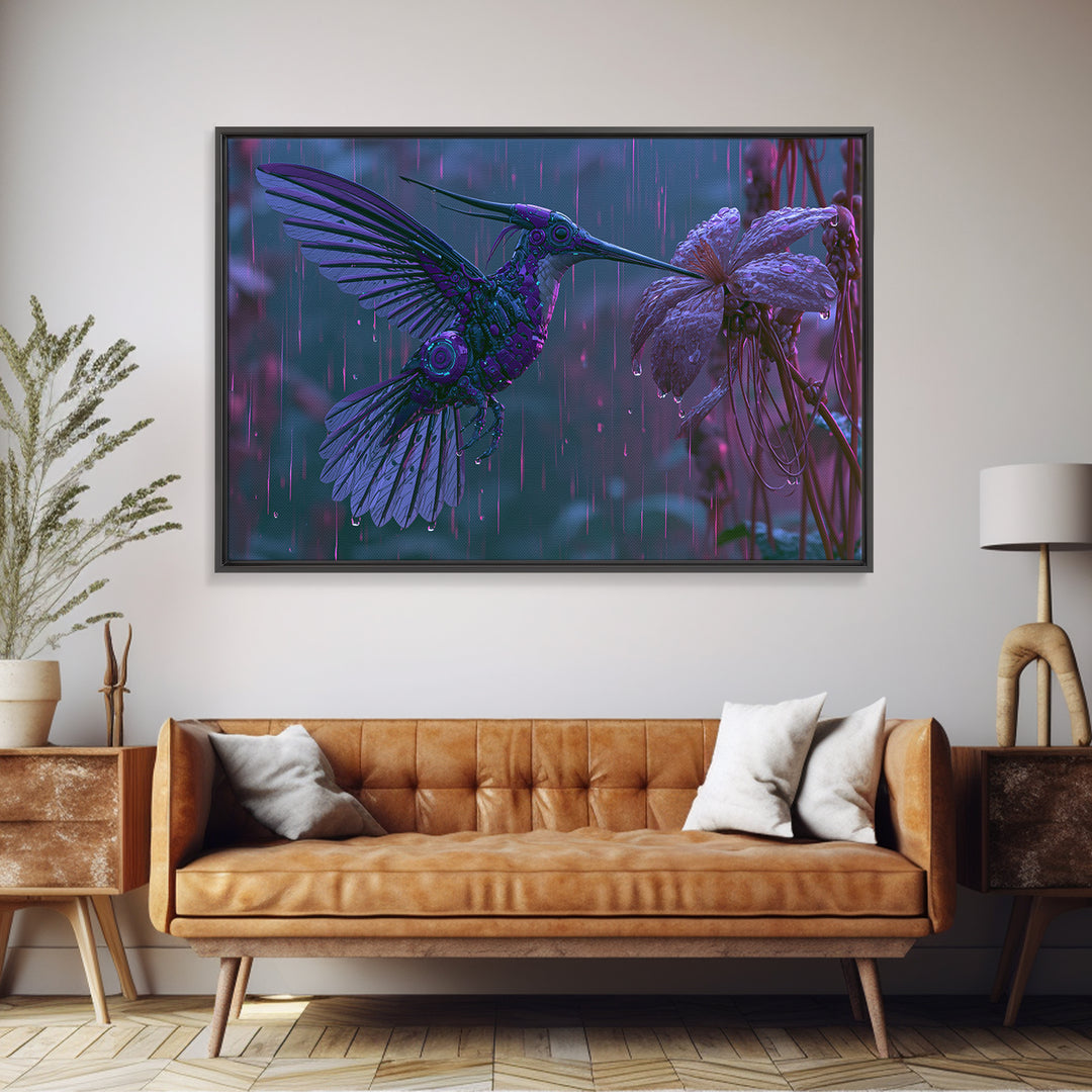 Mechanical Hummingbird Hovering Near Flower Canvas Print, Steampunk Art, Digital Download Art, Living Room Decor, Mechanic, STE-3x2-13