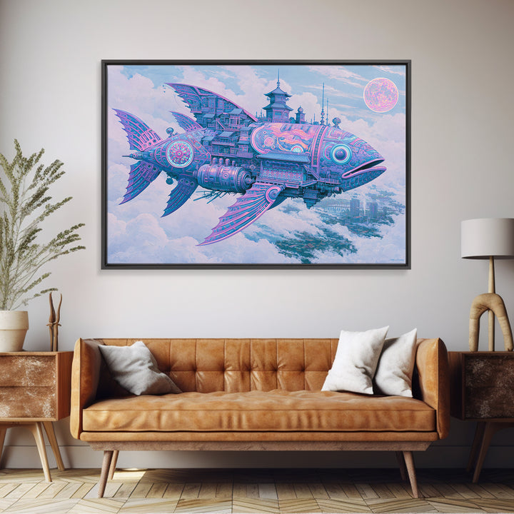 Mechanical Fish Swimming Through Clouds Framed Canvas Print, Steampunk Art, Art Nouveau, Living Room Decor, Fine Art, Mechanic, STE-3x2-2