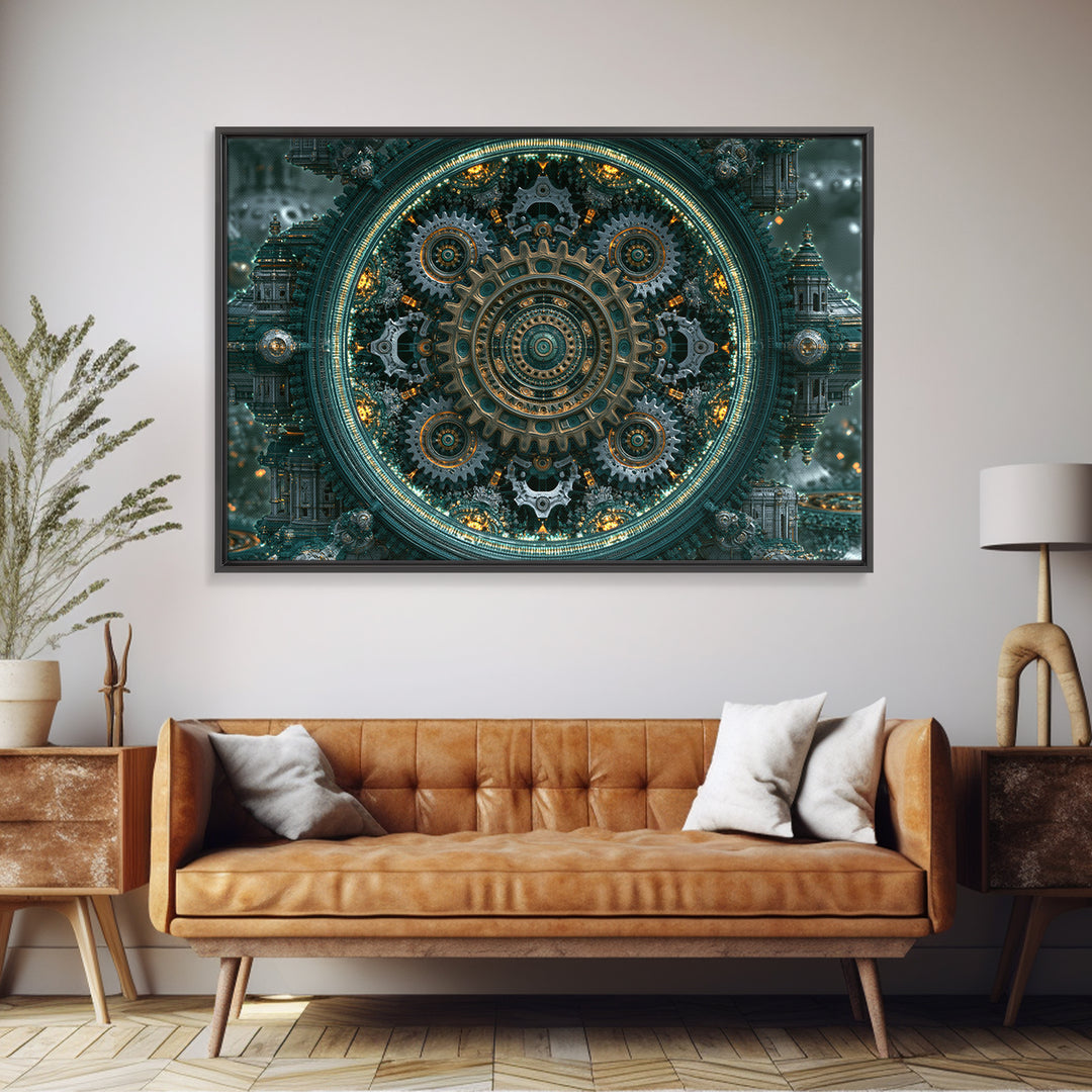 Cogwheel Mandala in Bronze and Teal Framed Canvas Print, Steampunk Art, Gothic Art, Living Room Decor, Fine Art, Mechanic, STE-3x2-20