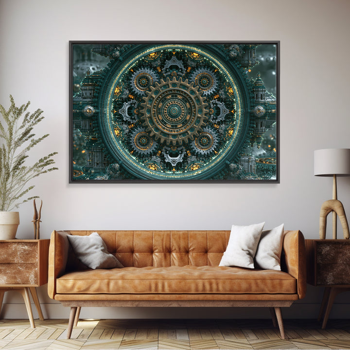 Cogwheel Mandala in Bronze and Teal Framed Canvas Print, Steampunk Art, Gothic Art, Living Room Decor, Fine Art, Mechanic, STE-3x2-20