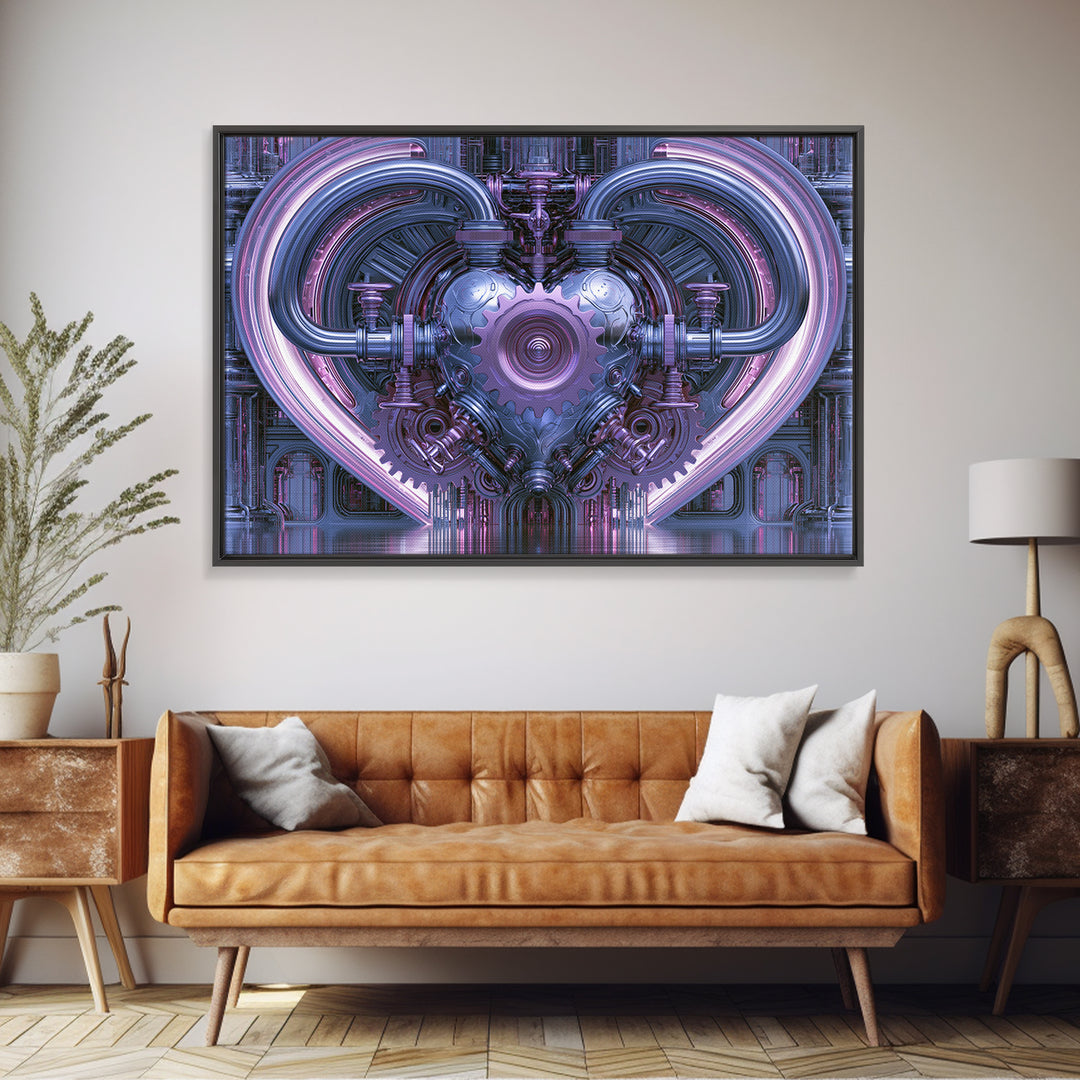 Gear Heart with Pipes and Valves Framed Canvas Print, Steampunk Art, Retro Decor, Living Room Decor, Fine Art, Mechanic, STE-3x2-24