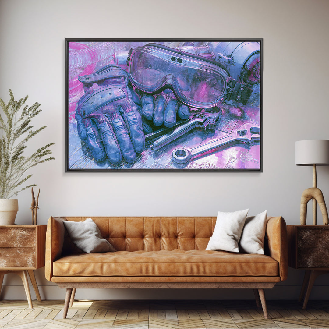 Goggles Gloves and Wrench Still Life Framed Canvas Print, Steampunk Art, Gallery Decor, Living Room Decor, Fine Art, Mechanic, STE-3x2-27