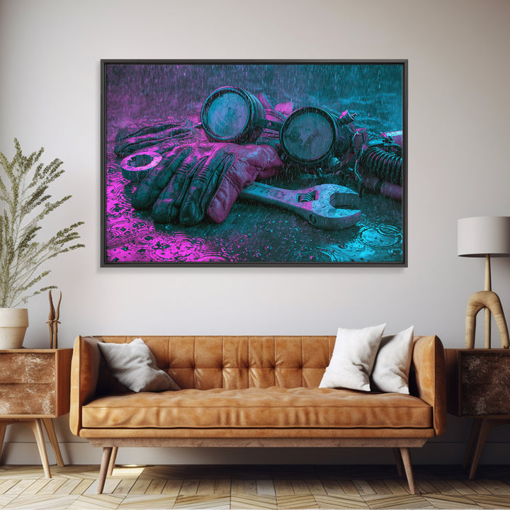 Goggles Gloves and Wrench Still Life Canvas Print, Steampunk Art, Retro Decor, Living Room Decor, Fine Art, Mechanic, STE-3x2-3