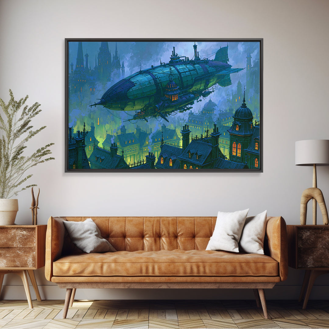 Airship Floating Above Victorian City Roofs Canvas Print, Steampunk Art, Modern Art, Living Room Decor, Fine Art, Mechanic, STE-3x2-30