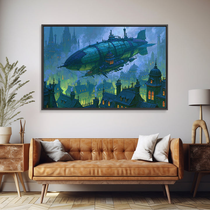 Airship Floating Above Victorian City Roofs Canvas Print, Steampunk Art, Modern Art, Living Room Decor, Fine Art, Mechanic, STE-3x2-30