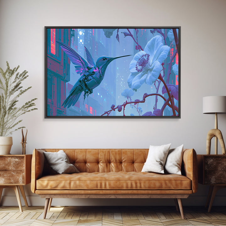 Mechanical Hummingbird Hovering Near Flower Canvas Print, Steampunk Art, Dark Art, Living Room Decor, Watercolor Art, Mechanic, STE-3x2-37