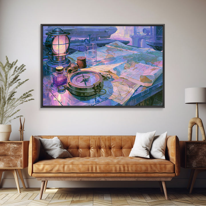 Airship Captain Map and Compass Still Life Canvas Print, Steampunk Art, Wall Art Living Room, Living Room Decor, Mechanic, STE-3x2-46