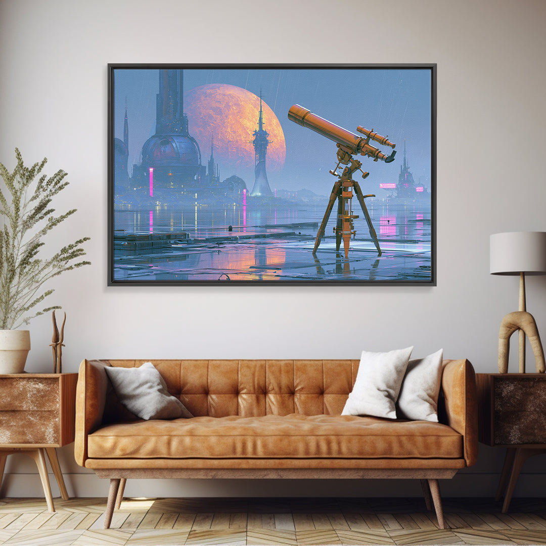 Brass Telescope Aimed at Copper Moon Canvas Print, Steampunk Art, Steampunk Lamp, Living Room Decor, Abstract Art, Mechanic, STE-3x2-52