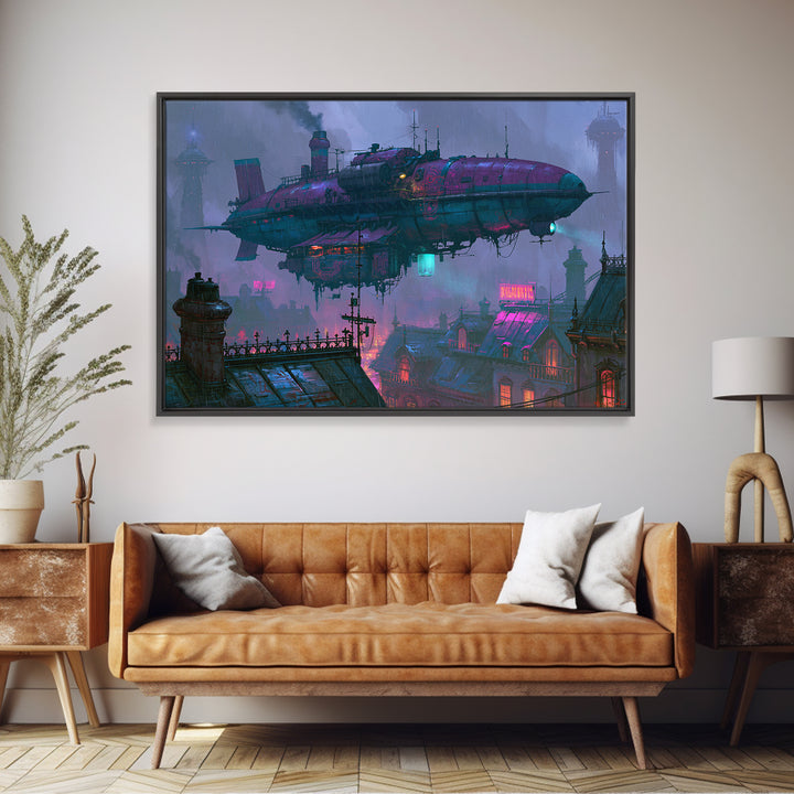 Airship Floating Above Victorian City Roofs Canvas Print, Steampunk Art, Modern Art, Living Room Decor, Fine Art, Mechanic, STE-3x2-54