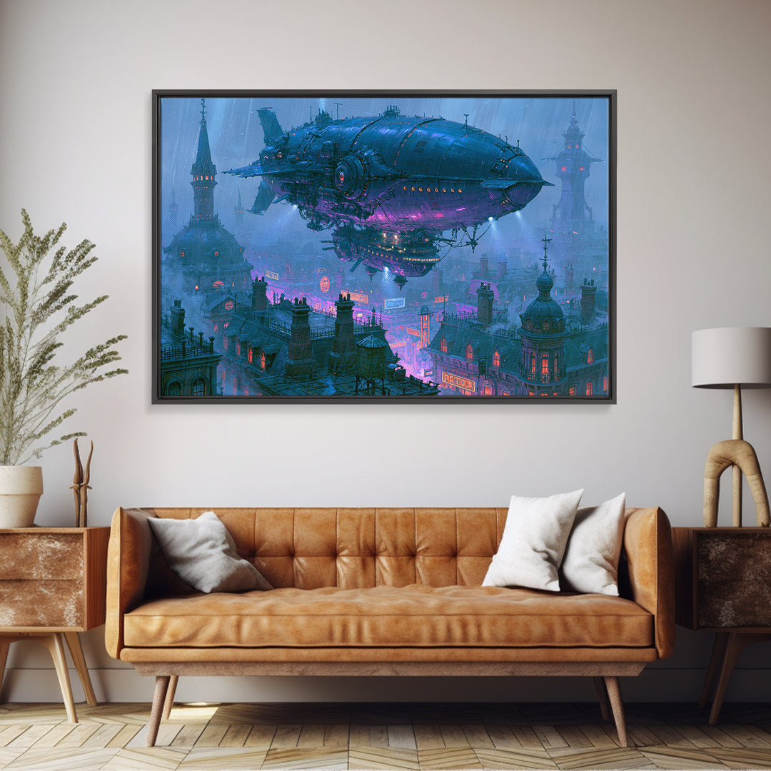 Airship Floating Above Victorian City Roofs Framed Canvas Print, Steampunk Art, Boho Wall Art, Living Room Decor, Mechanic, STE-3x2-6
