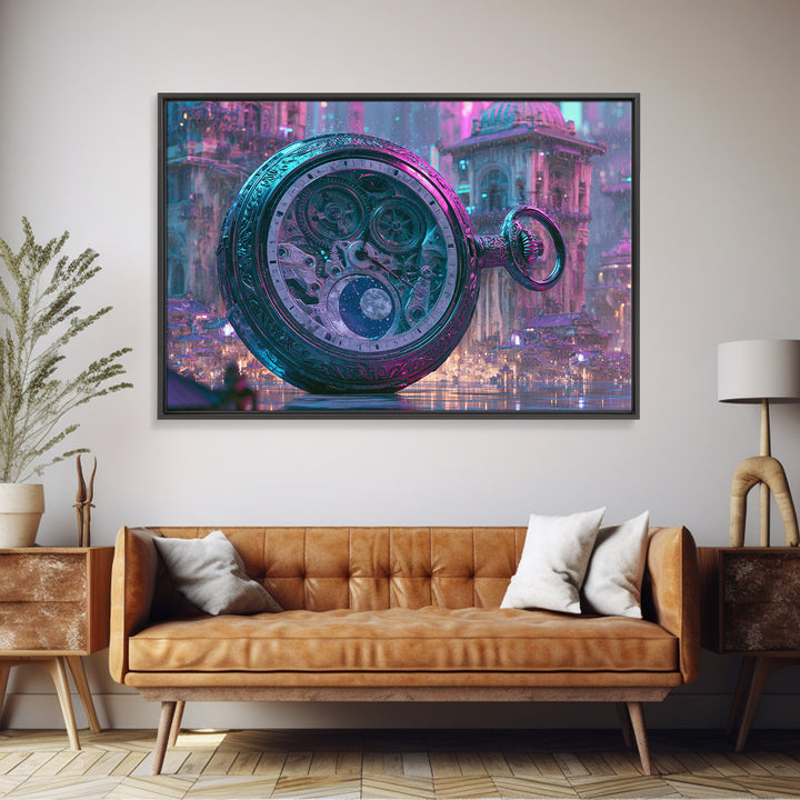 Gear Filled Pocket Watch Framed Canvas Print, Steampunk Art, Textured Painting, Living Room Decor, Fine Art, Mechanic, STE-3x2-60