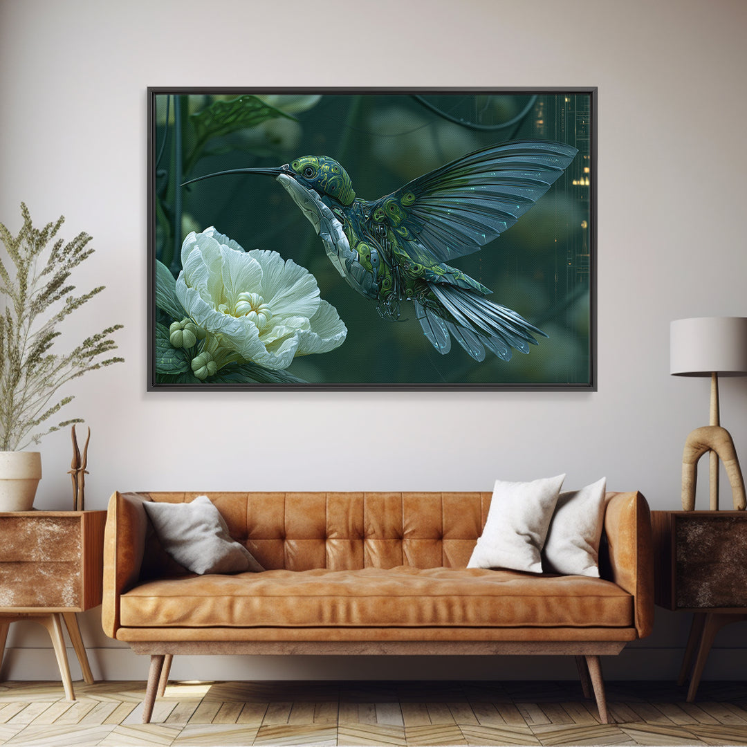 Mechanical Hummingbird Hovering Near Flower Canvas Print, Steampunk Art, Dark Art, Living Room Decor, Watercolor Art, Mechanic, STE-3x2-61