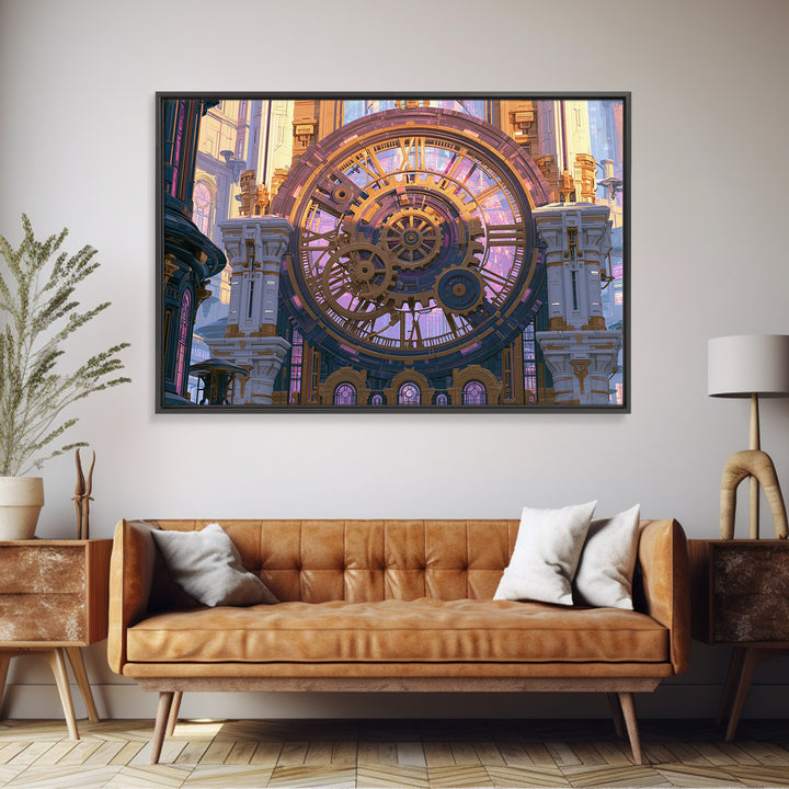 Clock Tower Gears Framed Canvas Print, Steampunk Art, Abstract Art Print, Living Room Decor, Watercolor Art, Mechanic, STE-3x2-65
