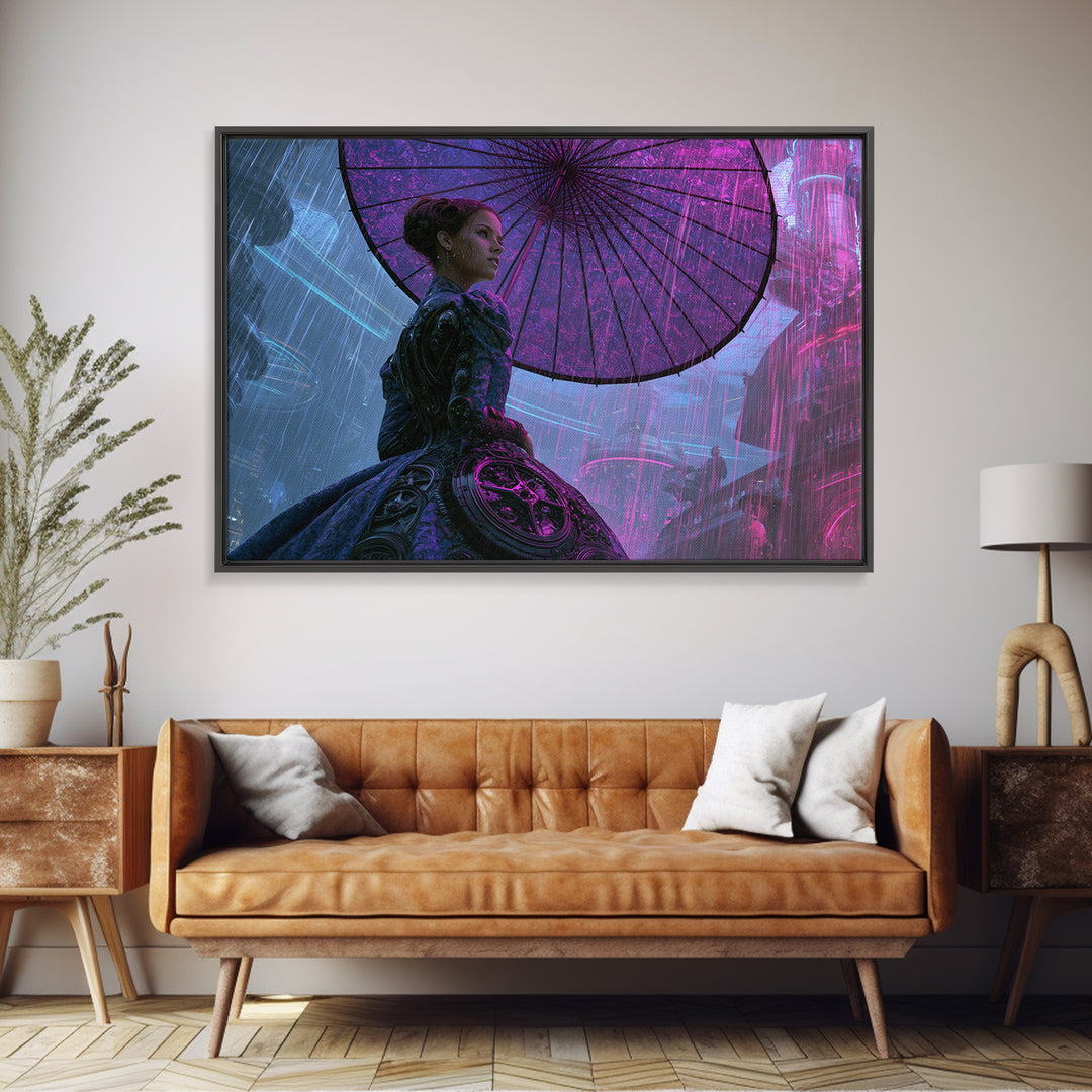 Victorian Lady with Clockwork Dress Details Framed Canvas Print, Steampunk Art, Gallery Decor, Living Room Decor, Mechanic, STE-3x2-69