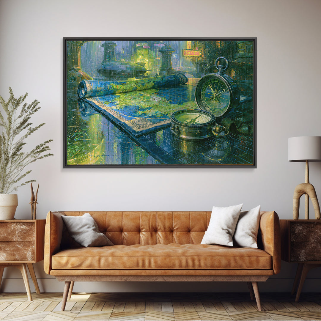 Airship Captain Map and Compass Still Life Canvas Print, Steampunk Art, Wall Art Living Room, Living Room Decor, Mechanic, STE-3x2-70