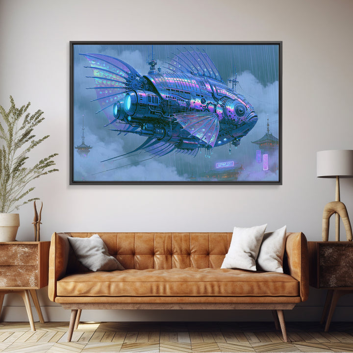 Mechanical Fish Swimming Through Clouds Framed Canvas Print, Steampunk Art, Cat Art, Living Room Decor, Oil Painting, Mechanic, STE-3x2-74