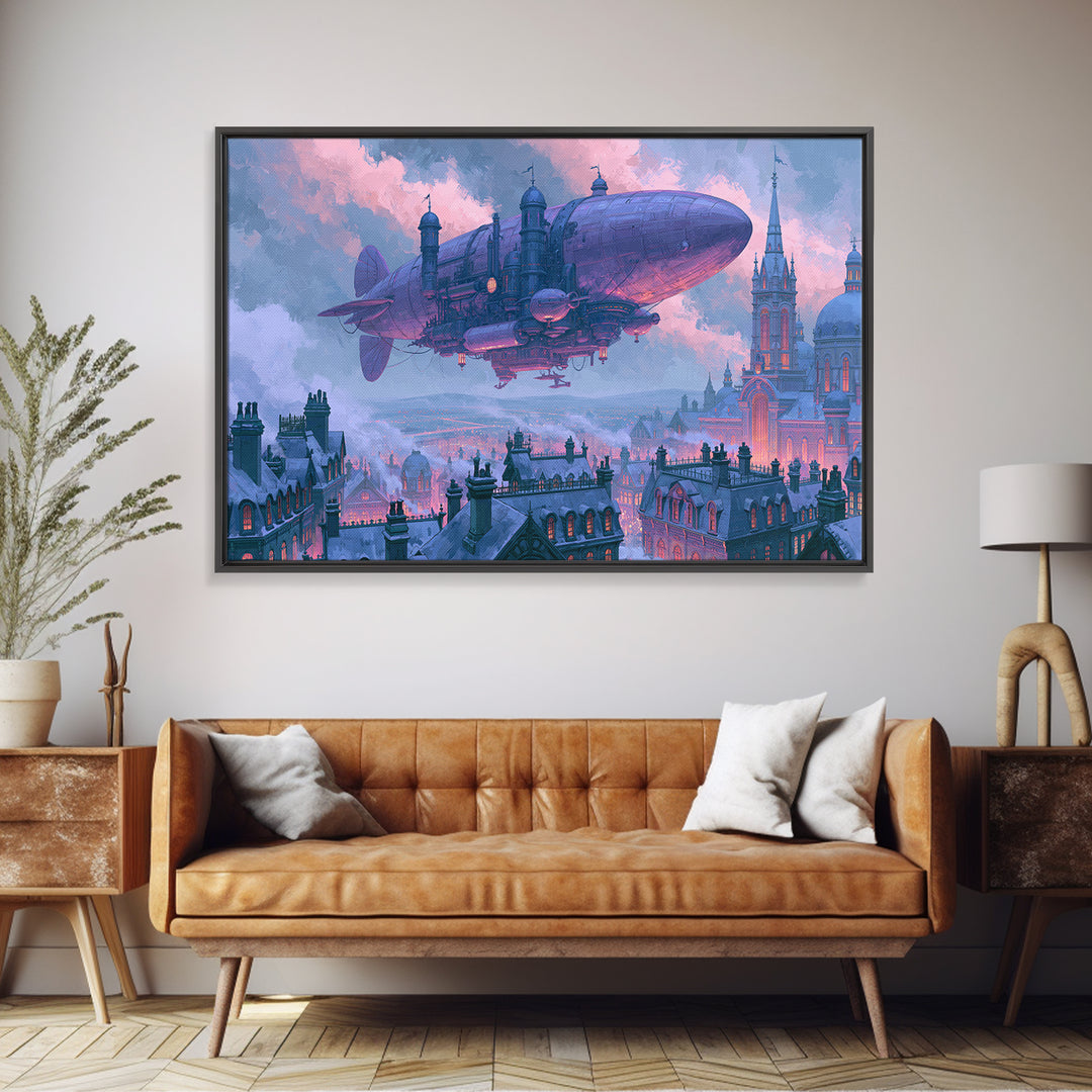 Airship Floating Above Victorian City Roofs Framed Canvas Print, Steampunk Art, Man Cave Decor, Living Room Decor, Mechanic, STE-3x2-78