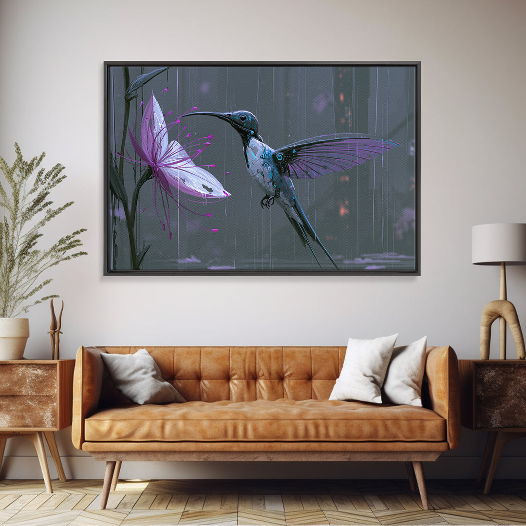 Mechanical Hummingbird Hovering Near Flower Framed Canvas Print, Steampunk Art, Statement Artwork, Living Room Decor, Mechanic, STE-3x2-85