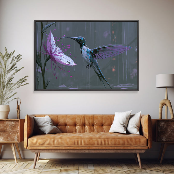 Mechanical Hummingbird Hovering Near Flower Framed Canvas Print, Steampunk Art, Statement Artwork, Living Room Decor, Mechanic, STE-3x2-85