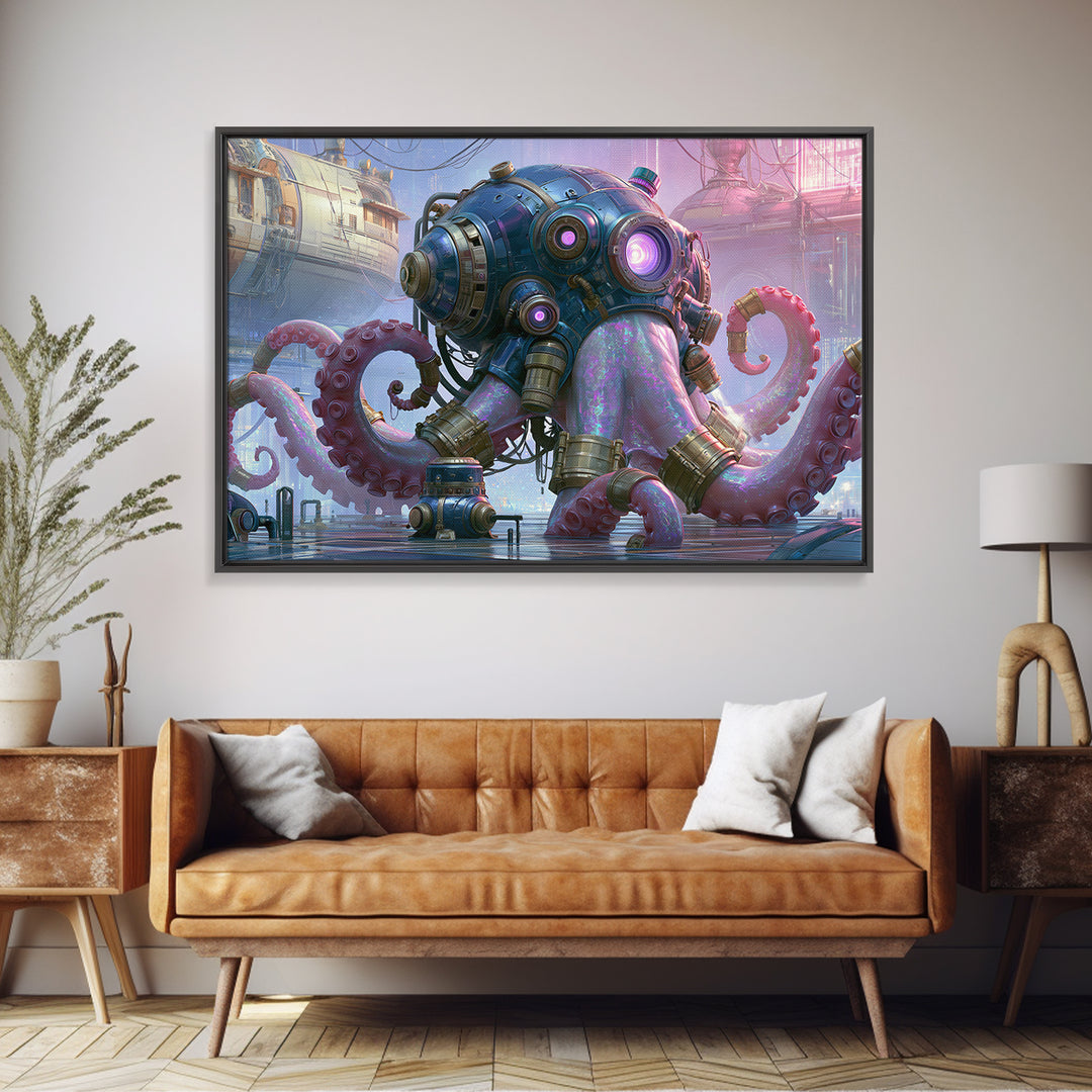 Steampunk Octopus with Brass Tentacles Framed Canvas Print, Steampunk Art, Modern Art, Living Room Decor, Fine Art, Mechanic, STE-3x2-9