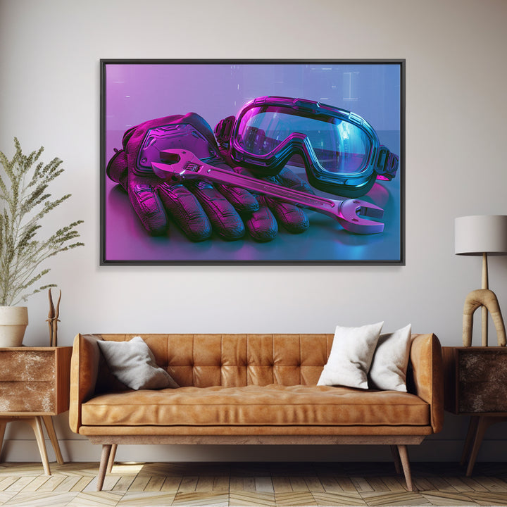 Goggles Gloves and Wrench Still Life Framed Canvas Print, Steampunk Art, Abstract Art, Living Room Decor, Fine Art, Mechanic, STE-3x2-99