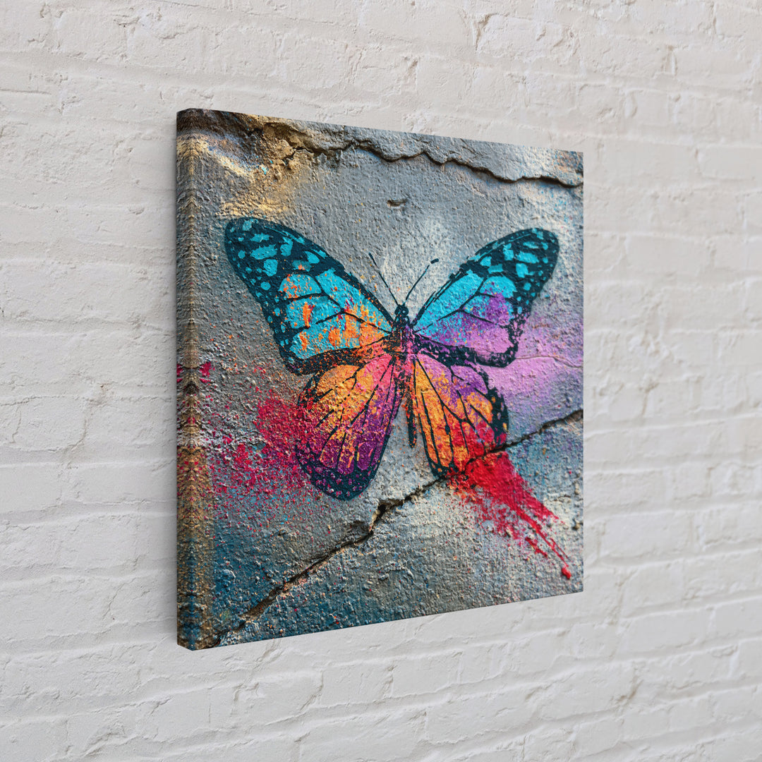 Spray Painted Butterfly on Cracked Concrete Framed Canvas Print, Street Art, Modern Wall Art, Living Room Decor, Urban, STR-1x1-47