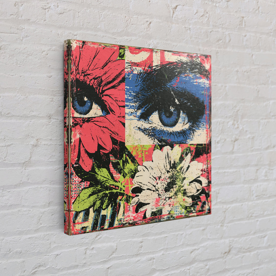 Paste Up Collage of Flowers and Eyes Framed Canvas Print, Street Art, Graffiti Art, Living Room Decor, Fine Art, Urban, STR-1x1-58