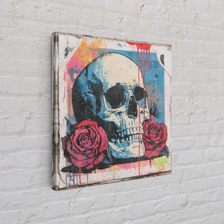 Skull with Roses in Street Mural Style Framed Canvas Print, Street Art, Abstract Painting, Living Room Decor, Fine Art, Urban, STR-1x1-64