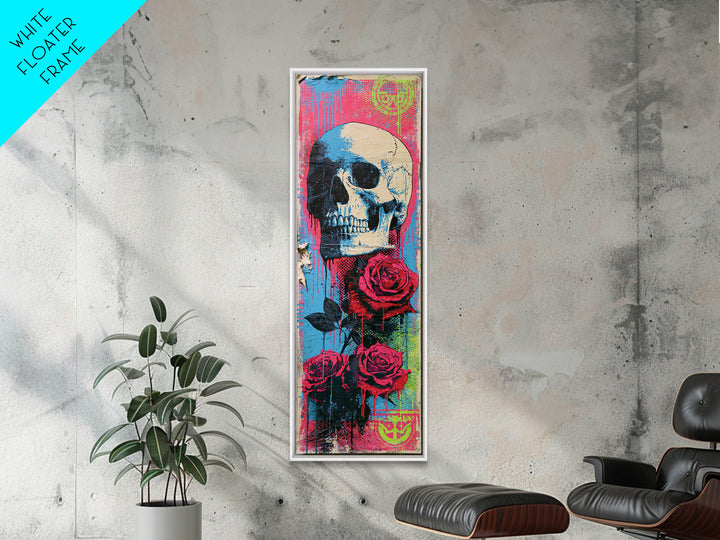 Skull with Roses in Street Mural Style Framed Canvas Print, Street Art, Large Wall Art, Living Room Decor, Fine Art, Urban, STR-1x3-52
