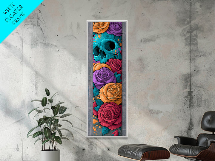 Skull with Roses in Street Mural Style Framed Canvas Print, Street Art, Bar Art, Living Room Decor, Oil Painting, Urban, STR-1x3-76