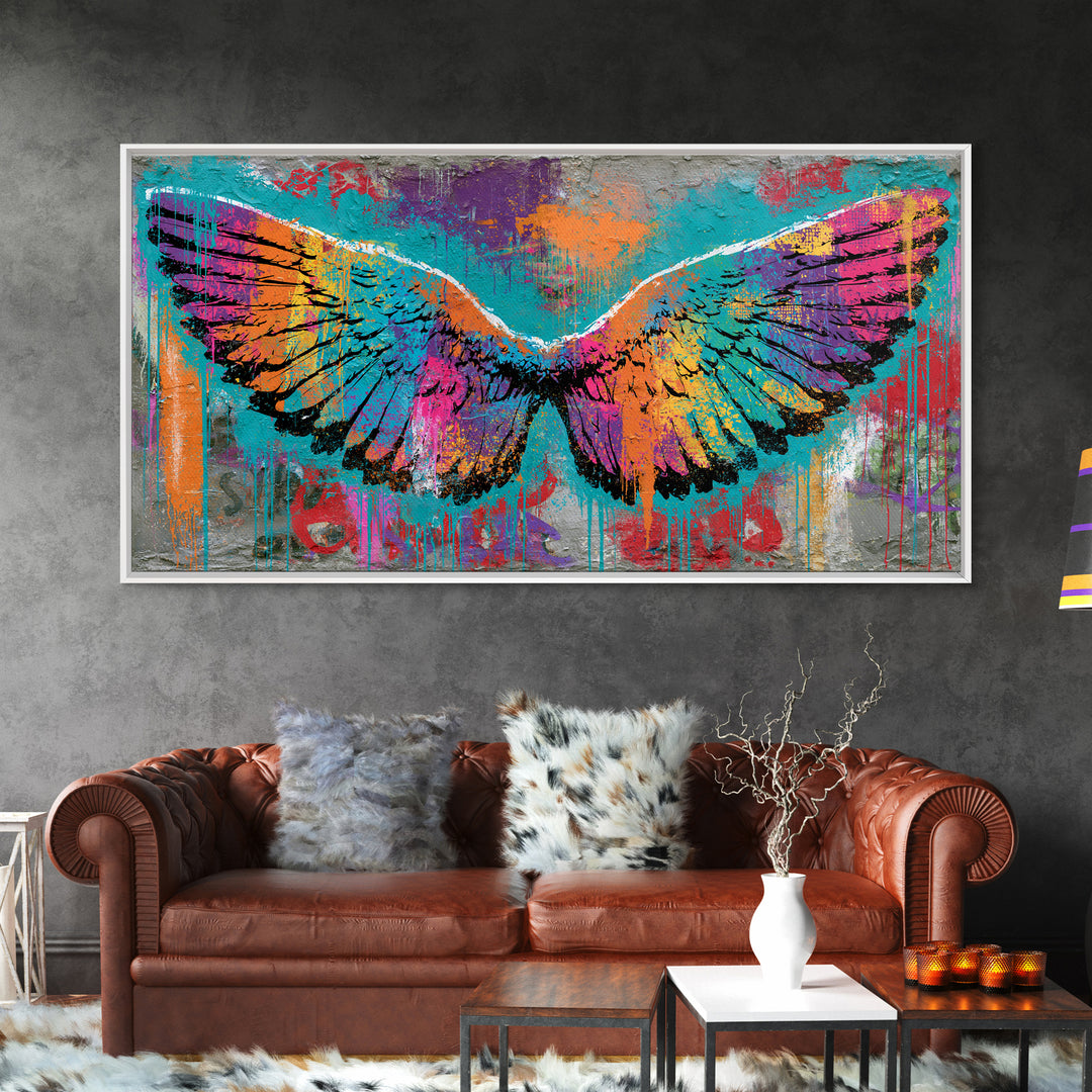 Graffiti Angel Wings Framed Canvas Print, Street Art, Canvas, Living Room Decor, Fine Art, Urban, Colorful Wall Art, Bar Art, STR-2x1-1