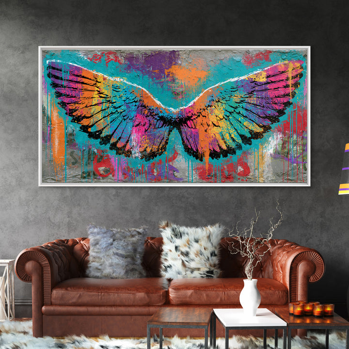 Graffiti Angel Wings Framed Canvas Print, Street Art, Canvas, Living Room Decor, Fine Art, Urban, Colorful Wall Art, Bar Art, STR-2x1-1